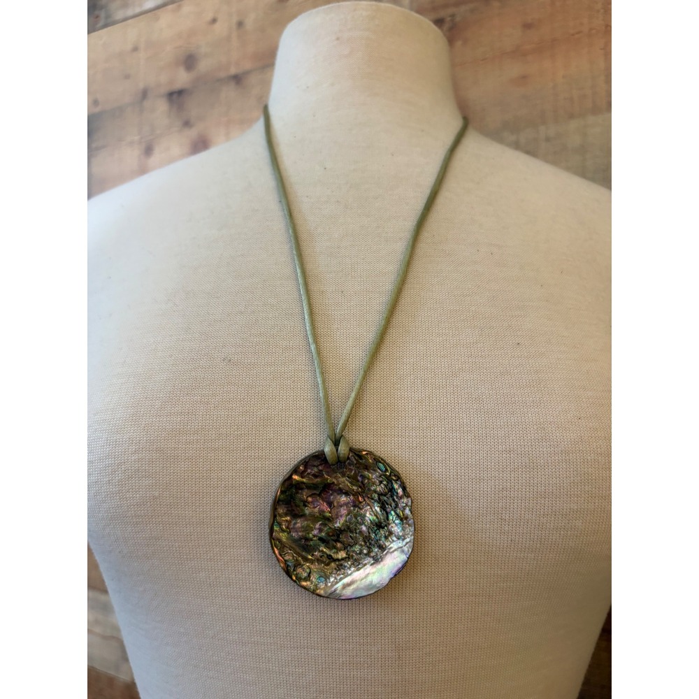 Handmade Abalone Shell Round Pendant Necklace Iridescent Sage Green Cord